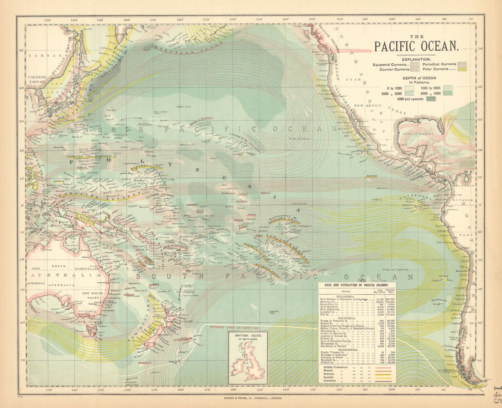 PACIFIC OCEAN currents British French German US Spanish colonies. LETTS 1892 map